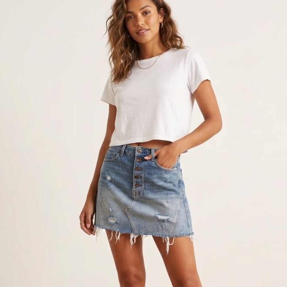 Free People We The Free Mini Jean Skirt Womens 27 Denim Distressed Button Fly